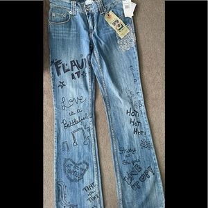 Women’s graffiti beaded denim & wide length jeans